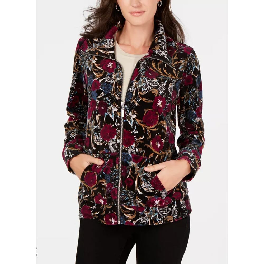 Karen Scott Floral Print Velour Jacket Women’s Size L Full Zip Soft Warm‎ NWT